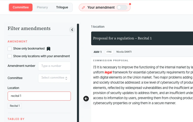 The Amendments tab: the Your amendment switch above the filters, including Show only locations with your amendment.
